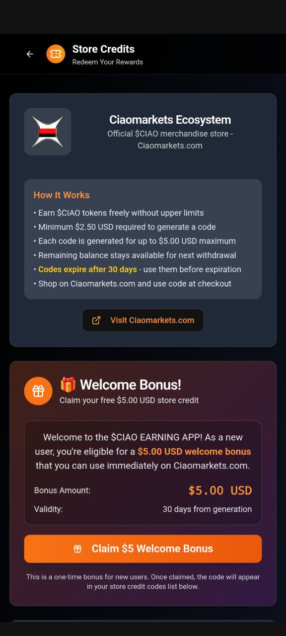 $CIAO EARNING APP | $CIAO COIN | CIAOMARKETS ECOSYSTEM | $CIAO STORE