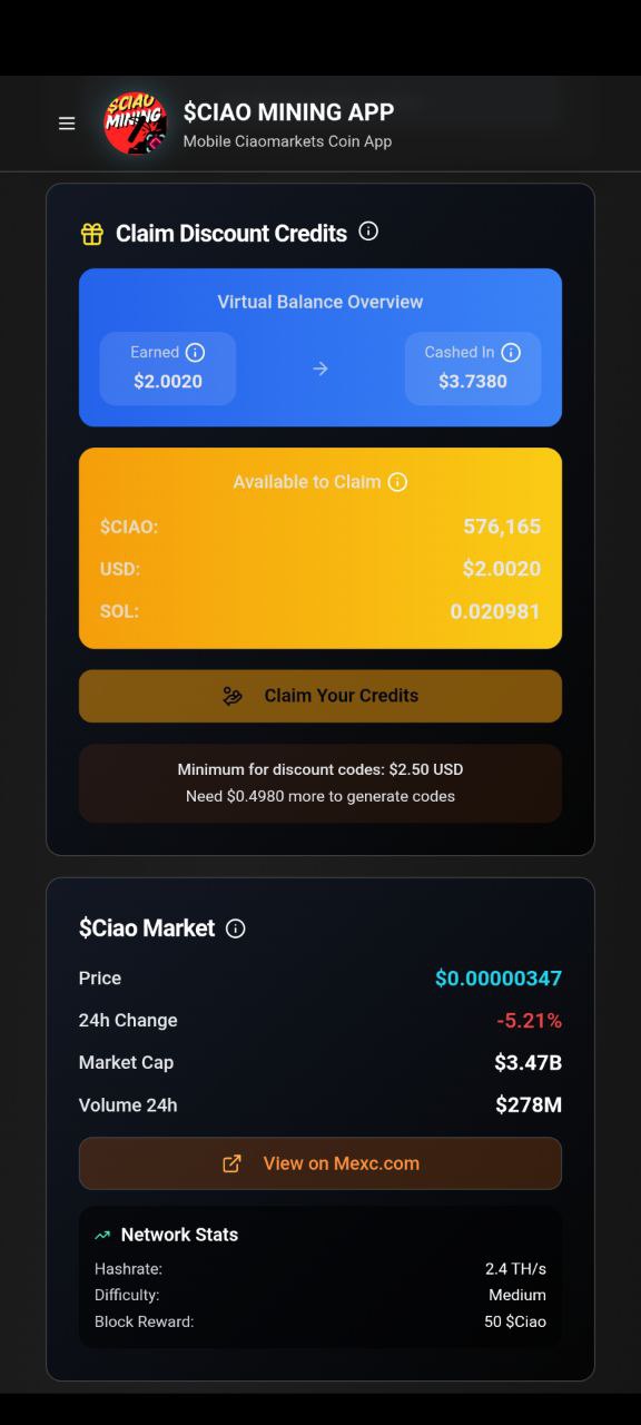 $CIAO MINING APP | $CIAO COIN | CIAOMARKETS ECOSYSTEM